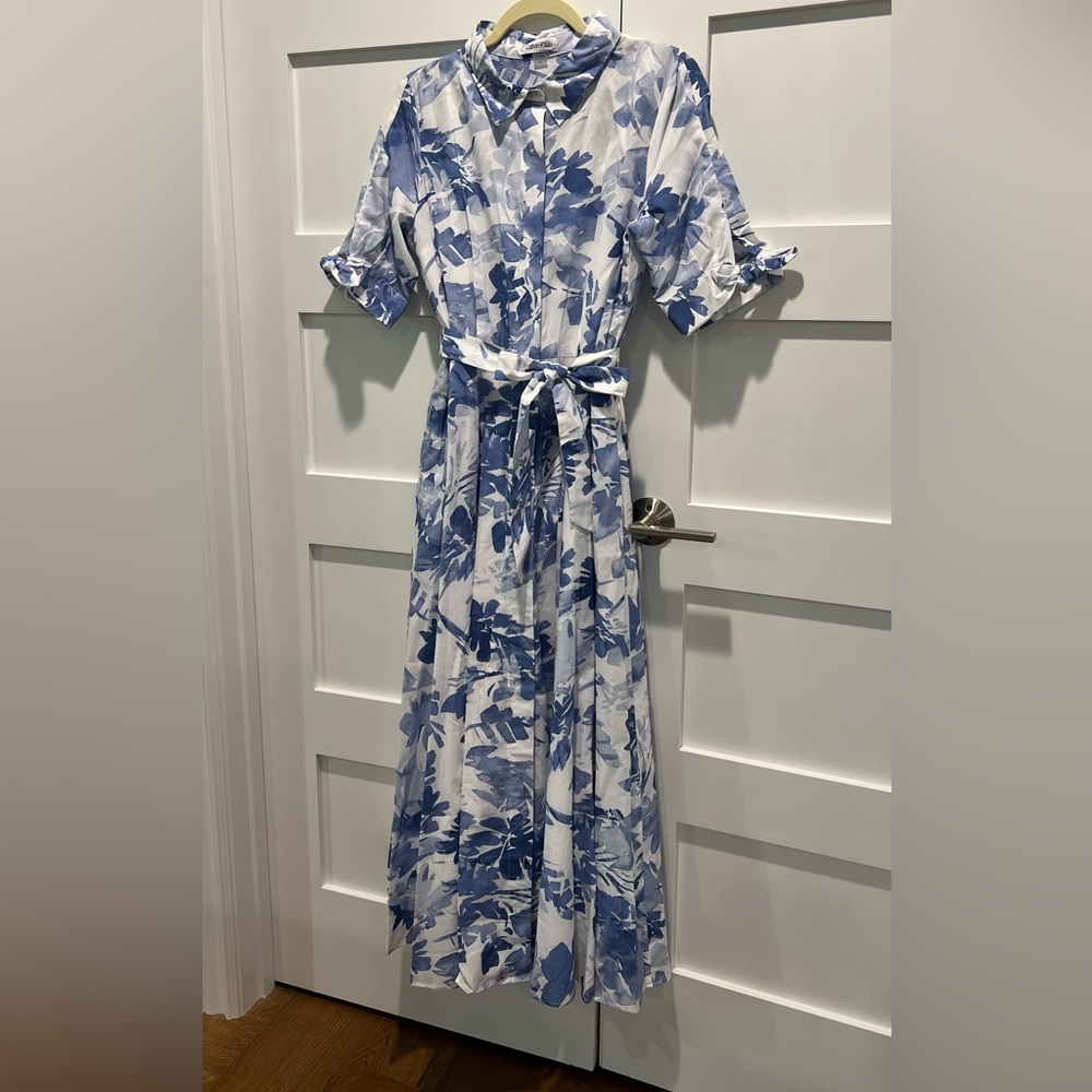 Calvin Klein Blue and White Floral Midi Shirt Dress - Picture 5 of 6